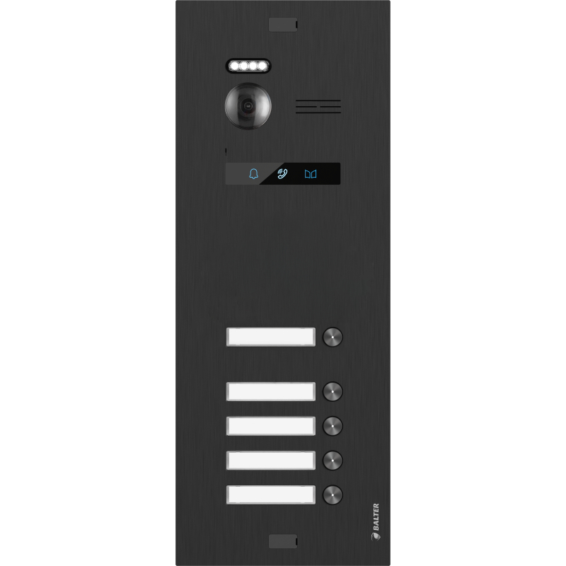 BALTER EVO-HD-BLACK-5FAM Schwarze Türstation für 5 Teilnehmer,  IP über 2-Draht BUS Technologie (Video / Audio / Strom), 175° Ultraweitwinkel