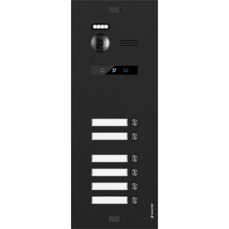 BALTER EVO-HD-BLACK-6FAM Schwarze Türstation für 6 Teilnehmer, IP über 2-Draht BUS Technologie (Video / Audio / Strom), 175° Ultraweitwinkel