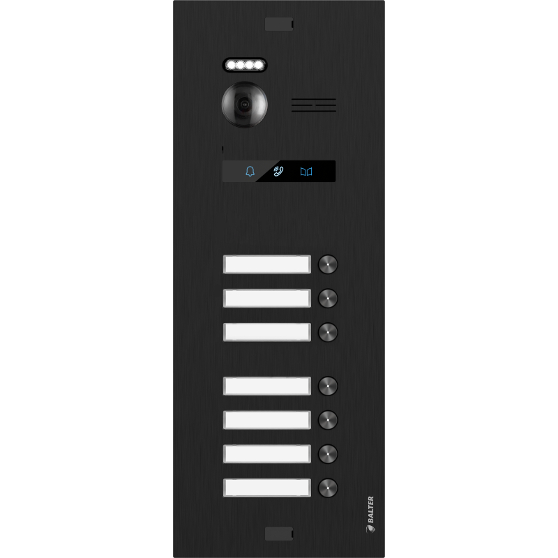 BALTER EVO-HD-BLACK-7FAM Schwarze Türstation für 7 Teilnehmer, IP über 2-Draht BUS Technologie (Video / Audio / Strom), 175° Ultraweitwinkel