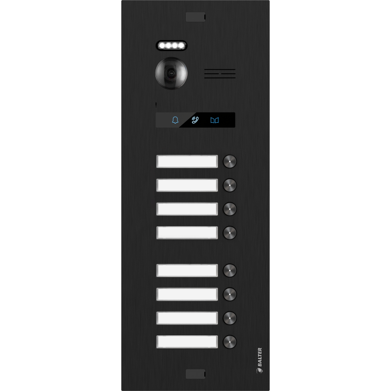 BALTER EVO-HD-BLACK-8FAM Schwarze Türstation für 8 Teilnehmer, IP über 2-Draht BUS Technologie (Video / Audio / Strom), 175° Ultraweitwinkel