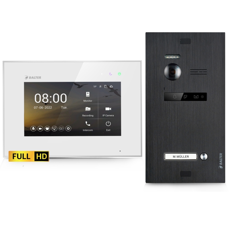 BALTER EVO HD - 2-Draht IP-BUS KIT, Black Full HD Türstation für 1 Teilnehmer, 175° + HD 7" Monitor, Touchscreen + Hauptstromverteiler