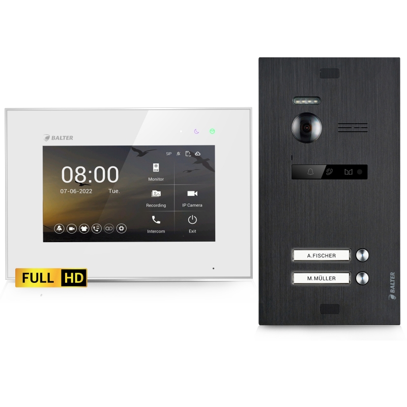 BALTER EVO HD - 2-Draht IP-BUS KIT, Black, Full HD Türstation für 2 Teilnehmer, 175° + HD 7" Monitor, Touchscreen + Hauptstromverteiler