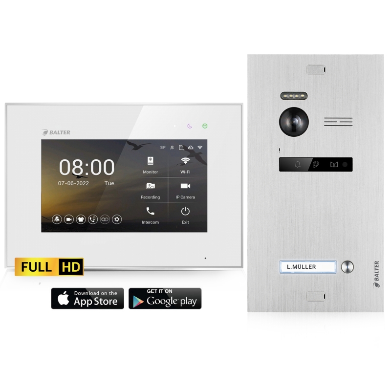 BALTER EVO HD - 2-Draht IP-BUS KIT, Silver Full HD Türstation für 1 Teilnehmer, 175° + HD 7" WIFI Monitor, EVO2 App, Touchscreen + Hauptstromverteiler