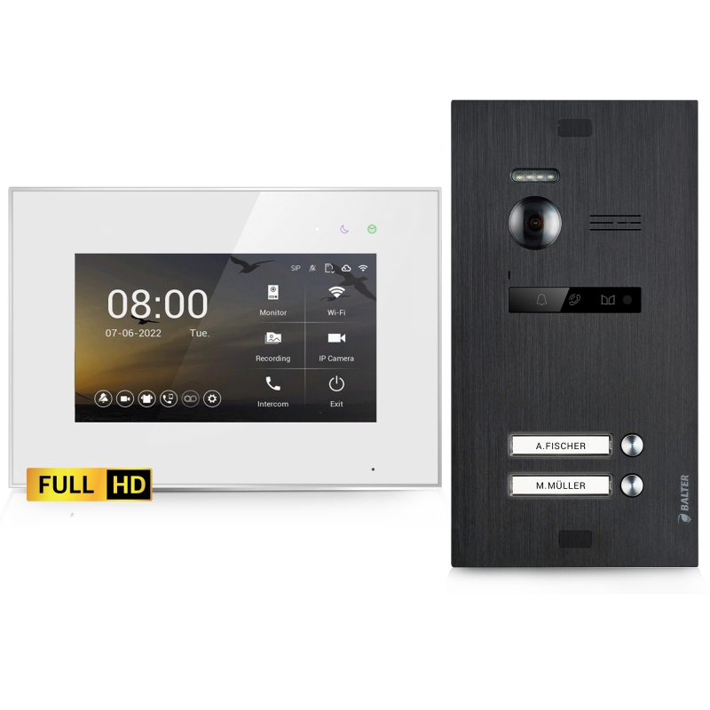 BALTER EVO HD - 2-Draht IP-BUS KIT, Silver Full HD Türstation für 2 Teilnehmer, 175° + HD 7" WIFI Monitor, EVO2 App, Touchscreen + Hauptstromverteiler