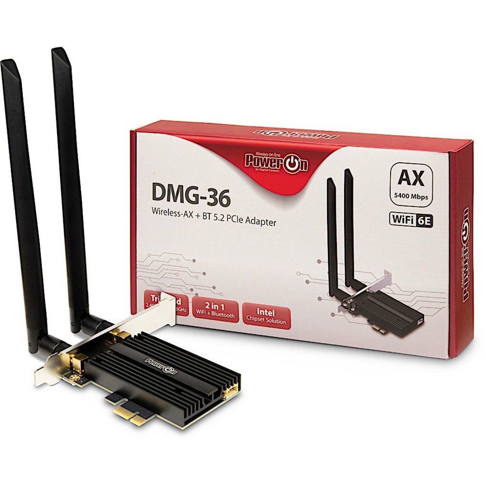 Inter-Tech DMG-36 Interner Adapter | WLAN: 802.11 a/b/g/n/ac/ax (Wi-Fi 6E) | Bis zu 5400 Mbit/s | Bluetooth 5.2
