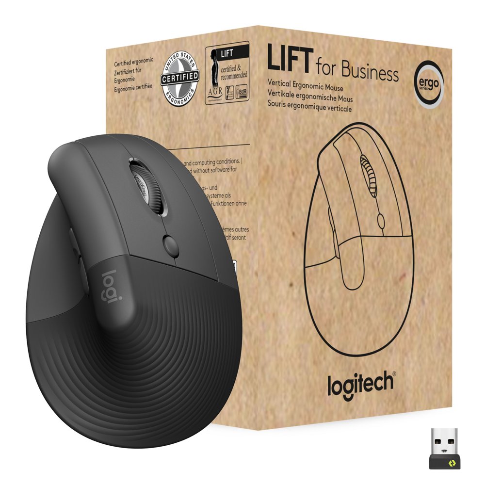 Logitech Lift for Business | Ergonomische Kabellose Maus | Rechtshändig | RF + Bluetooth | 4000 DPI | Graphit
