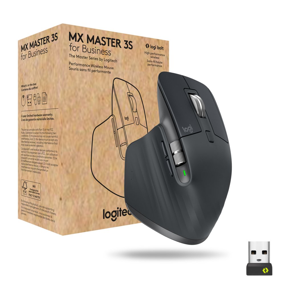 Logitech MX Master 3S for Business | Kabellose Maus | Rechtshändig | RF + Bluetooth | 8000 DPI | Graphit