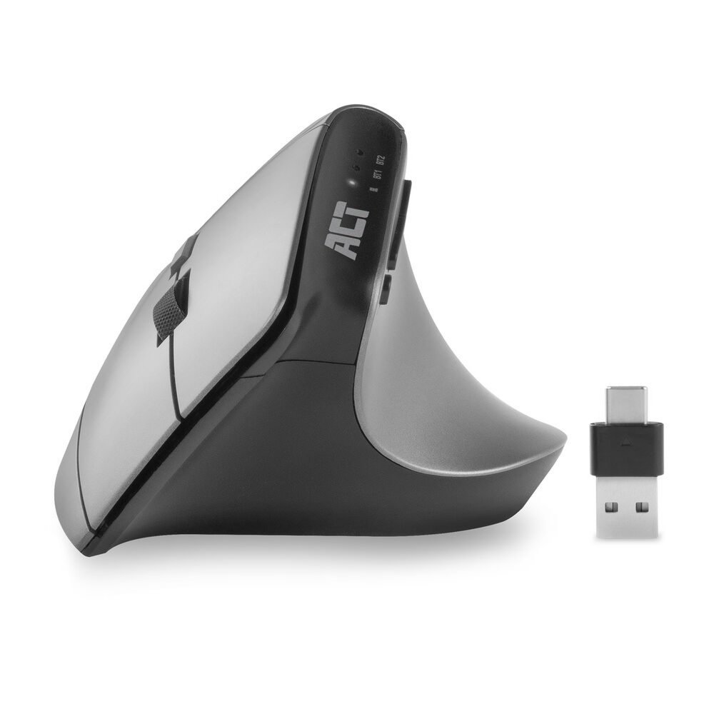 ACT AC5155 | Ergonomische Kabellose Maus | RF-Funk + Bluetooth | USB-A- und USB-C-Empfänger | 2400 DPI | Silber/Schwarz