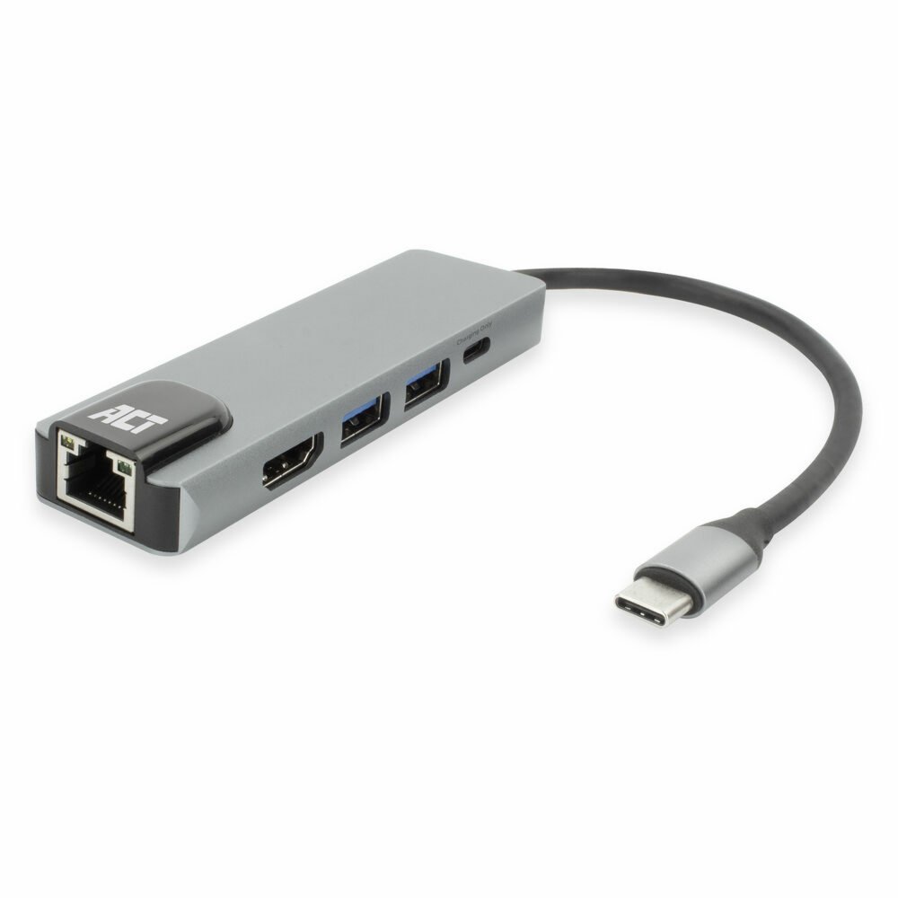 ACT AC7091 | USB-C 4K Dockingstation | HDMI 2.0 (4K@60Hz) + Gigabit-Ethernet + 2× USB-A + USB-C PD-Passthrough | Aluminium | Grau/Silber