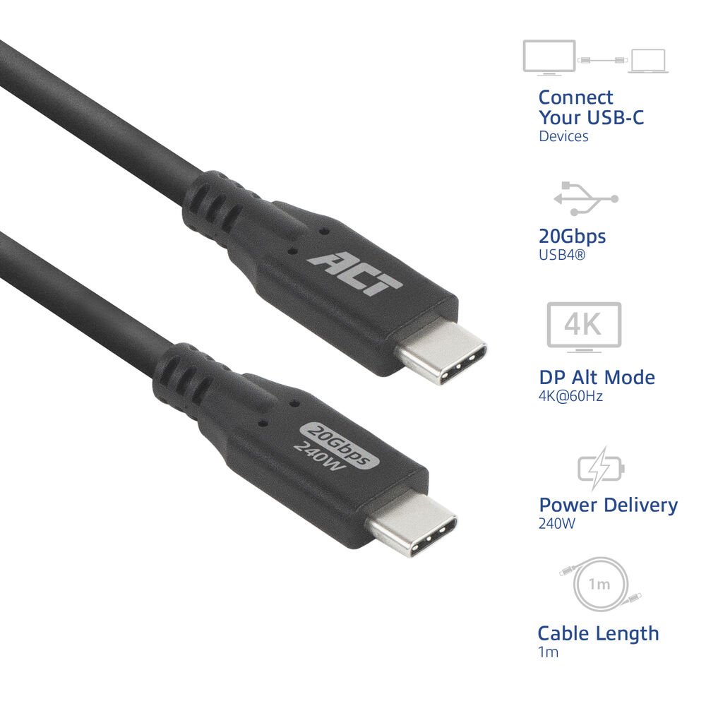 ACT | USB4-Kabel | 20 Gbit/s | 240 W | USB-C auf USB-C | 1 m | Schwarz