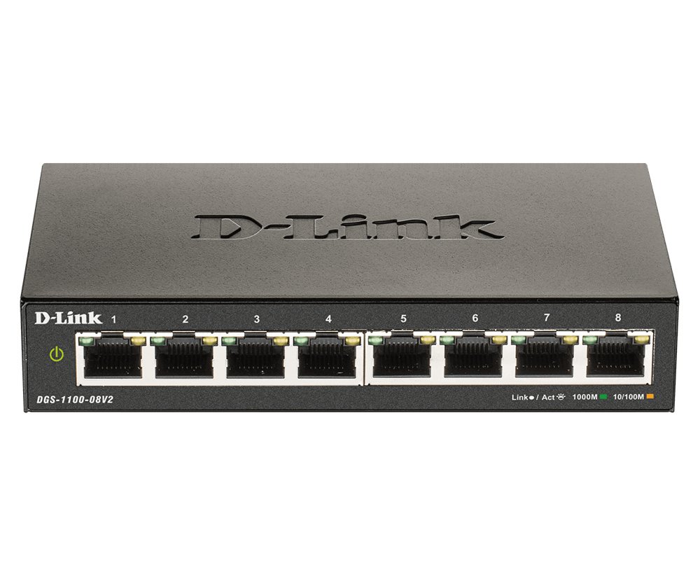 D-Link DGS-1100-08V2 | Managed L2 Smart Switch | 8 Ports | Gigabit Ethernet (10/100/1000 Mbit/s) | VLAN/QoS/IGMP Snooping | Lüfterlos