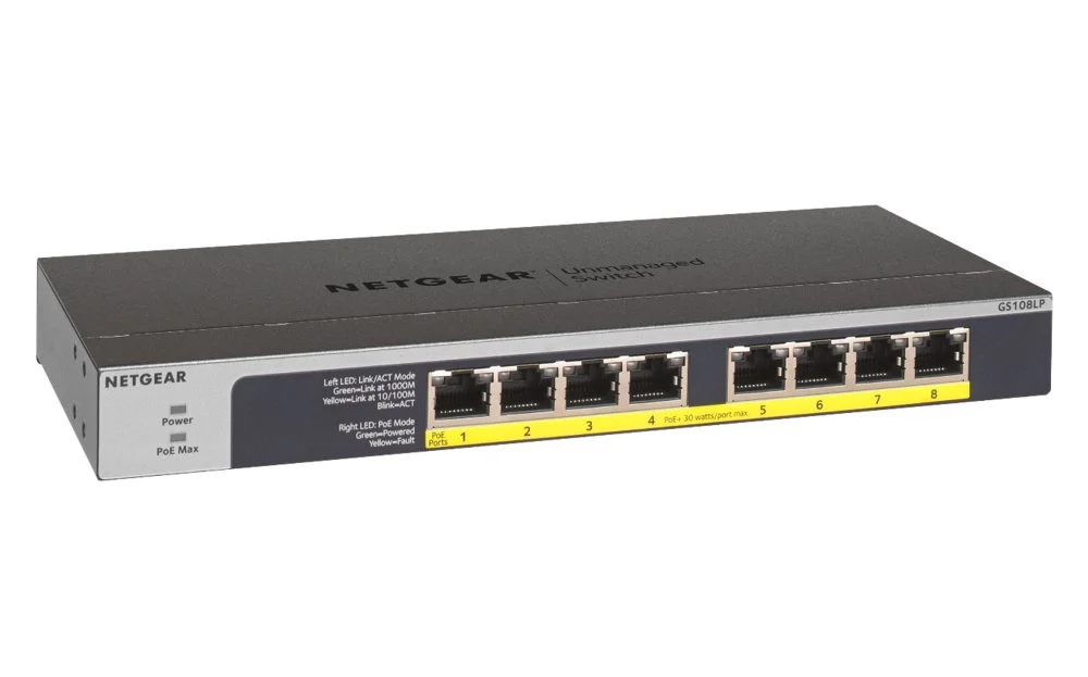 NETGEAR GS108LP | Unmanaged Switch | 8 Ports | Gigabit Ethernet (10/100/1000 Mbit/s) | 8x PoE+ (60 W) | FlexPoE | Lüfterlos | 1U Rackmount
