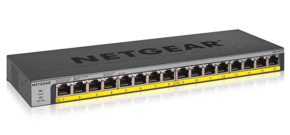 NETGEAR GS116LP | Nicht verwalteter Switch | 16 Anschlüsse | Gigabit-Ethernet (10/100/1000 Mbit/s) | PoE | Schwarz