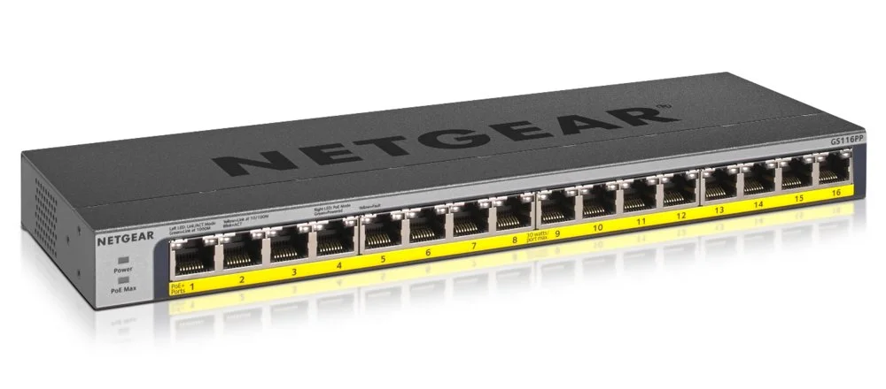 NETGEAR GS116PP | 16-Port Gigabit Unmanaged Switch | 16x PoE+ (183W) | Lüfterlos | Desktop-/Wand-/Rackmontage