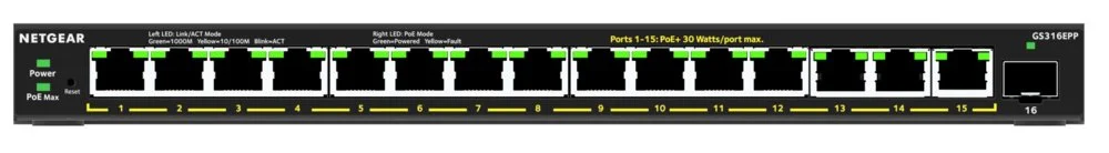 NETGEAR GS316EPP-100PES | Managed Smart Switch | 16 Ports | Gigabit Ethernet (10/100/1000 Mbit/s) | PoE+ (231 W) | 1x SFP | VLAN/QoS | Lüfterlos