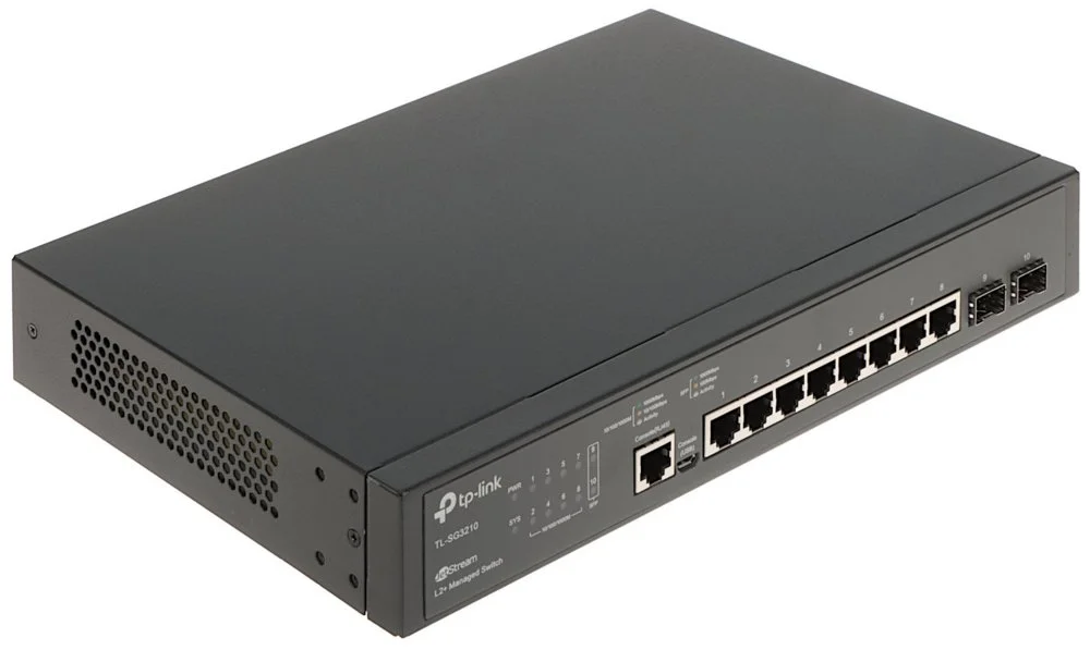 TP-Link TL-SG3210 | JetStream Managed L2+ Switch | 10 Ports | Gigabit Ethernet (10/100/1000 Mbit/s) | 8x RJ45 + 2x SFP | Omada SDN | Rackmount | Schwarz