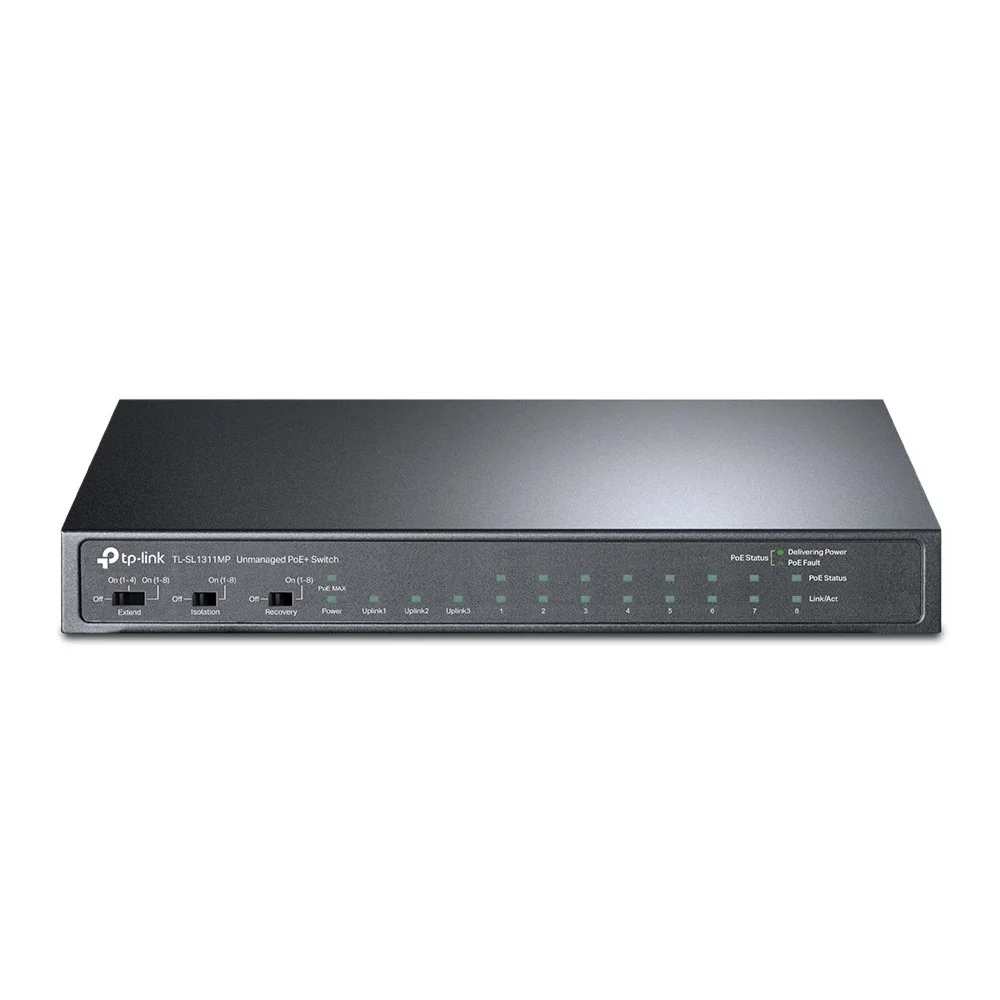 TP-Link TL-SL1311MP | 8-Port 10/100 Mbit/s + 3-Port Gigabit Desktop Switch | 8x PoE+ (124W) | Erweiterungs- und Isolationsmodus | Lüfterlos